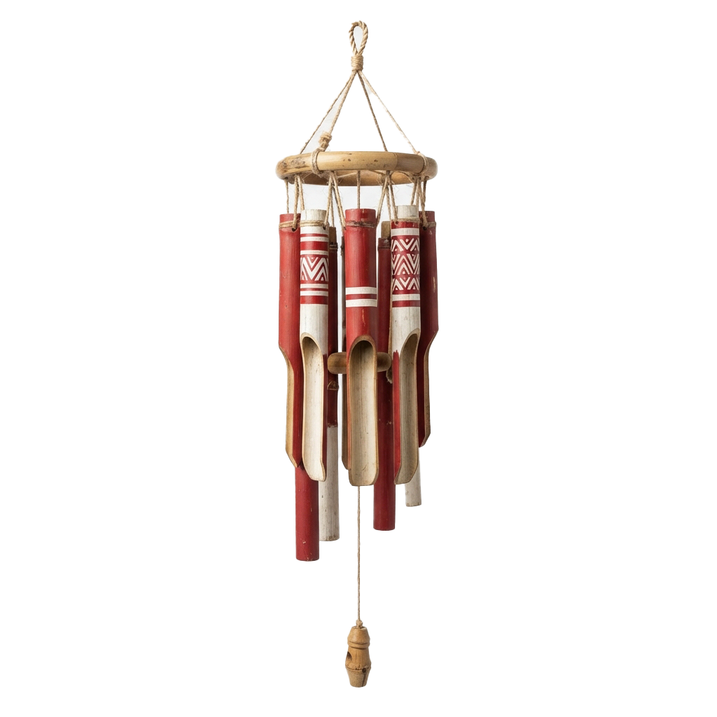 Decorative wind chimes made of bamboo tubes with red and white geometric patterns hanging from a wooden frame