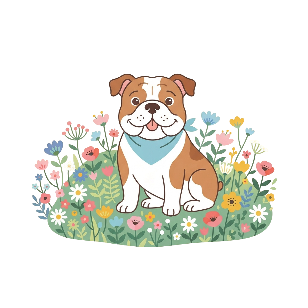 Cute Bulldog Sitting in Colorful Flower Garden Illustration - National Bulldogs Are Beautiful Day 44