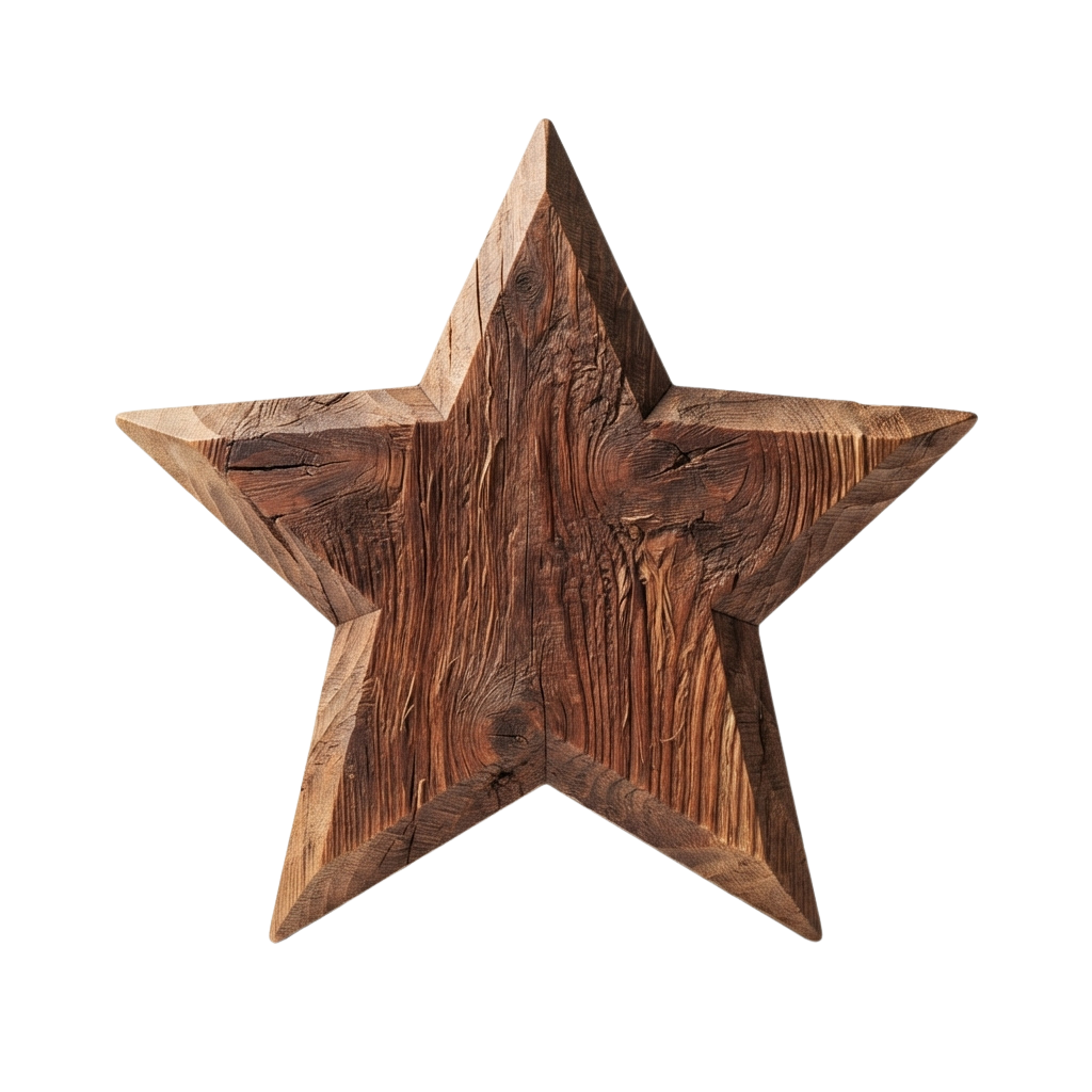 A carved wooden star with a natural, rustic finish displayed against a dark background