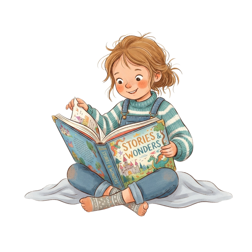 A young girl sitting on a cloud reading an open book titled Stories and Wonders with a cheerful expression