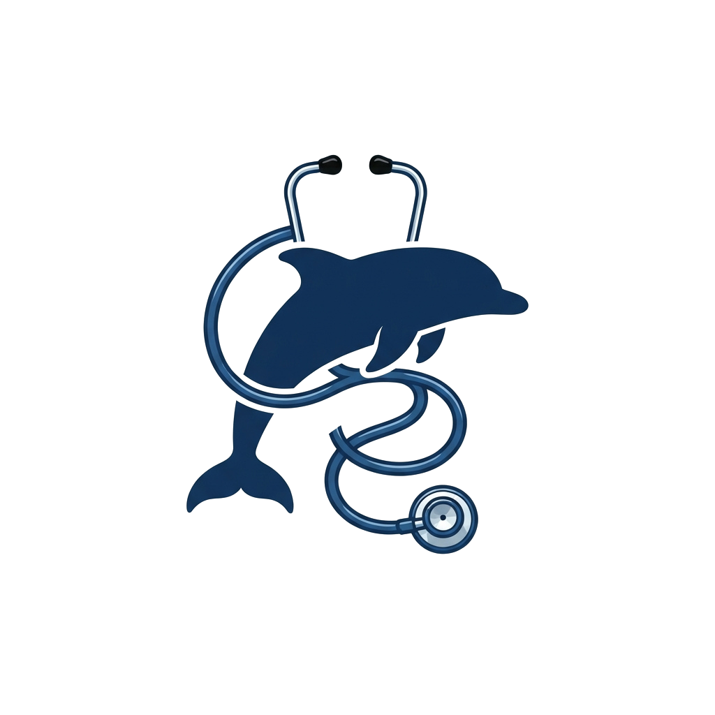 A blue dolphin wrapped with a stethoscope against a dark background