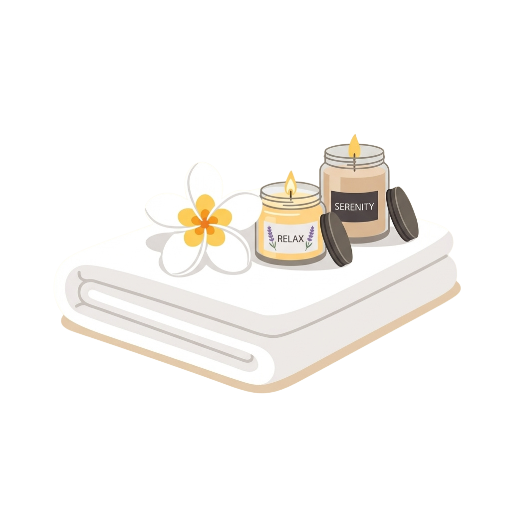 A folded white towel with two lit candles labeled relax and serenity, and a decorative flower.