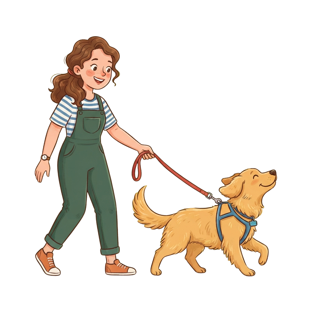 A smiling girl in green overalls and a striped shirt walks a golden dog on a leash.