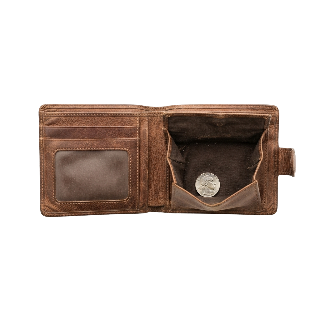 Open brown leather bifold wallet showing empty card slots and a coin compartment with a quarter inside