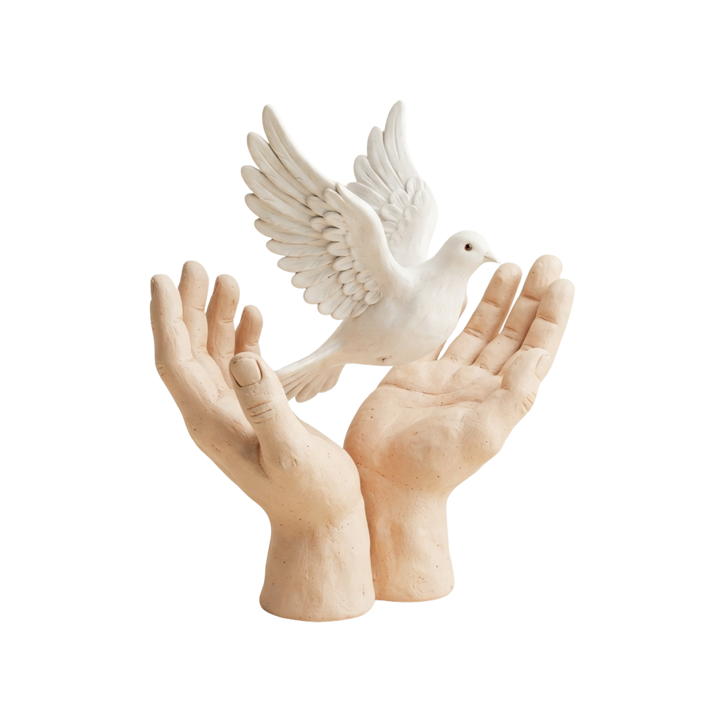 A white dove perched between two open, upward-reaching hands in a sculpted statue.