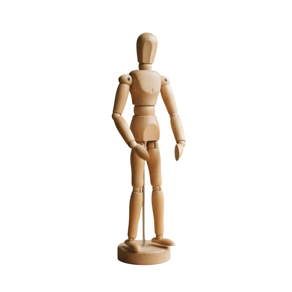 A light-colored wooden articulated mannequin standing upright against a black background