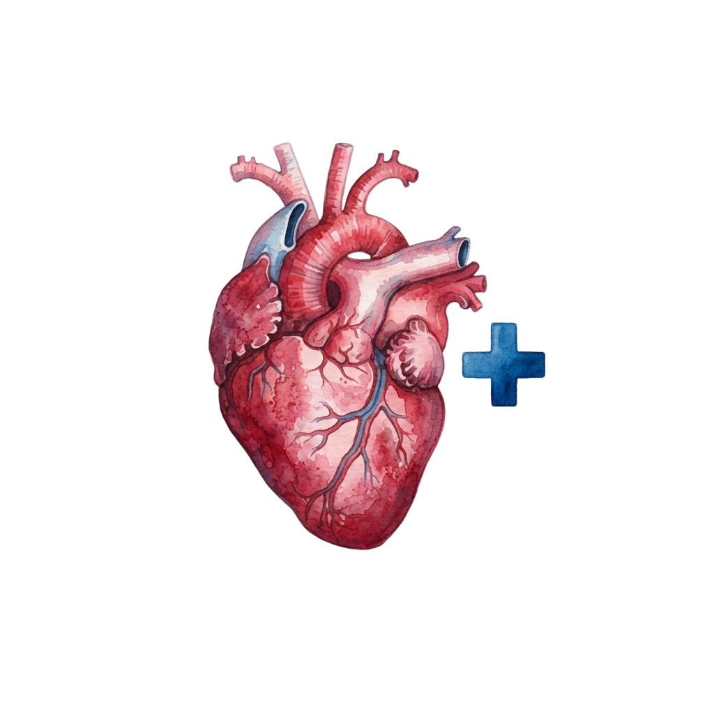 Illustration of a human heart with a blue medical cross symbol beside it