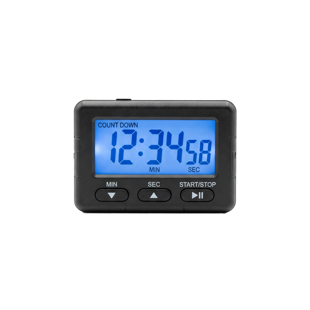 A digital countdown timer showing 12 minutes and 34 seconds with MIN, SEC, and START/STOP buttons
