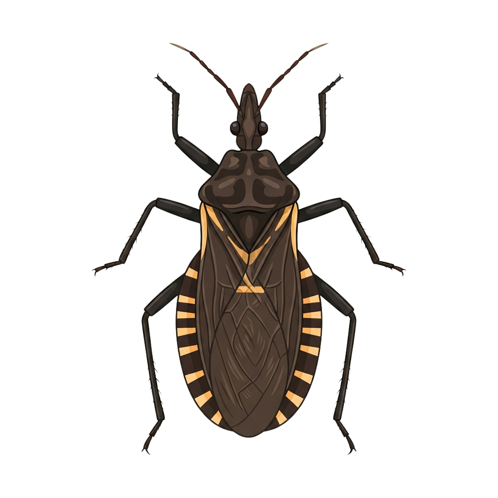 A detailed illustration of a brown marmorated stink bug with yellow and black markings on its back and legs