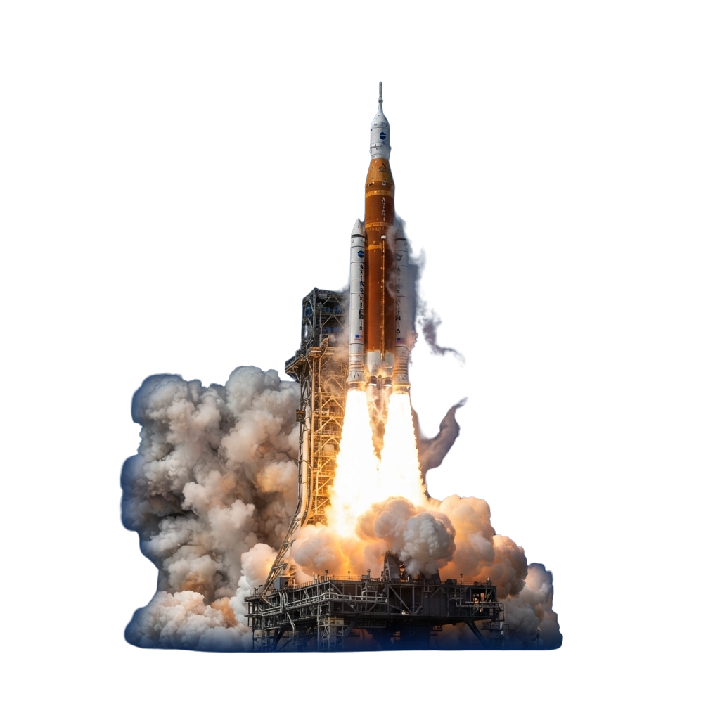A rocket launching into space with bright flames and thick smoke at night