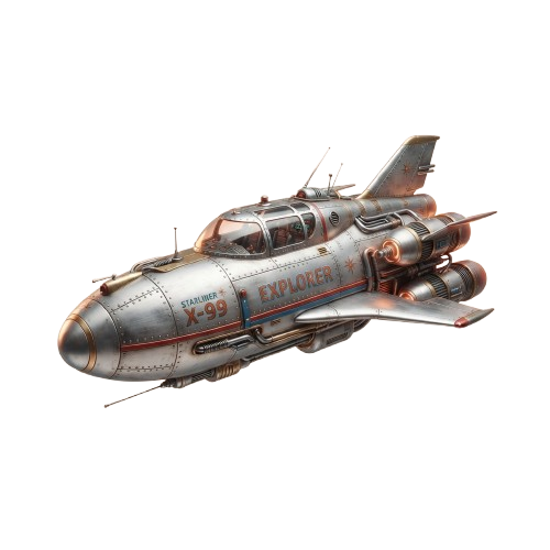 A detailed model of a vintage-style space explorer ship with metallic silver and red accents, labeled Explorer X99.