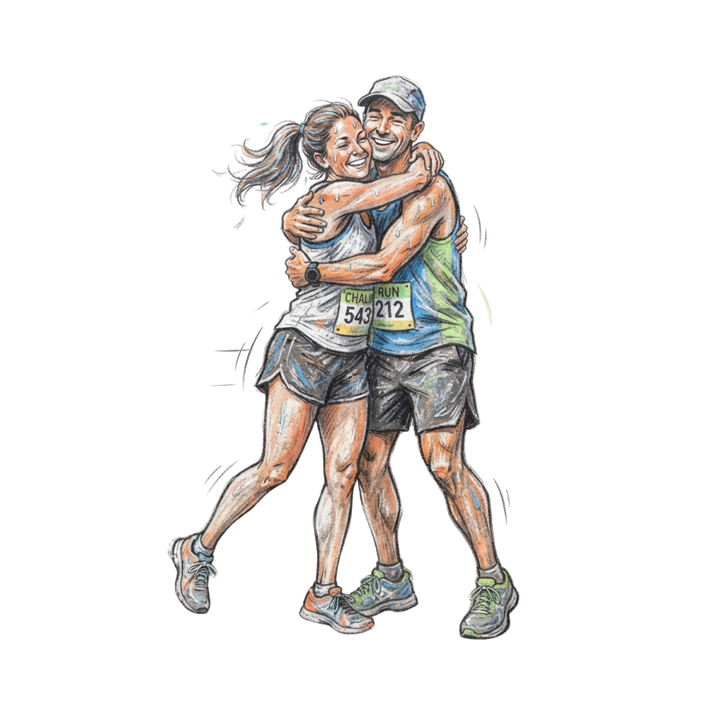 Two runners embracing with joy after completing a race, wearing athletic gear and race bibs.