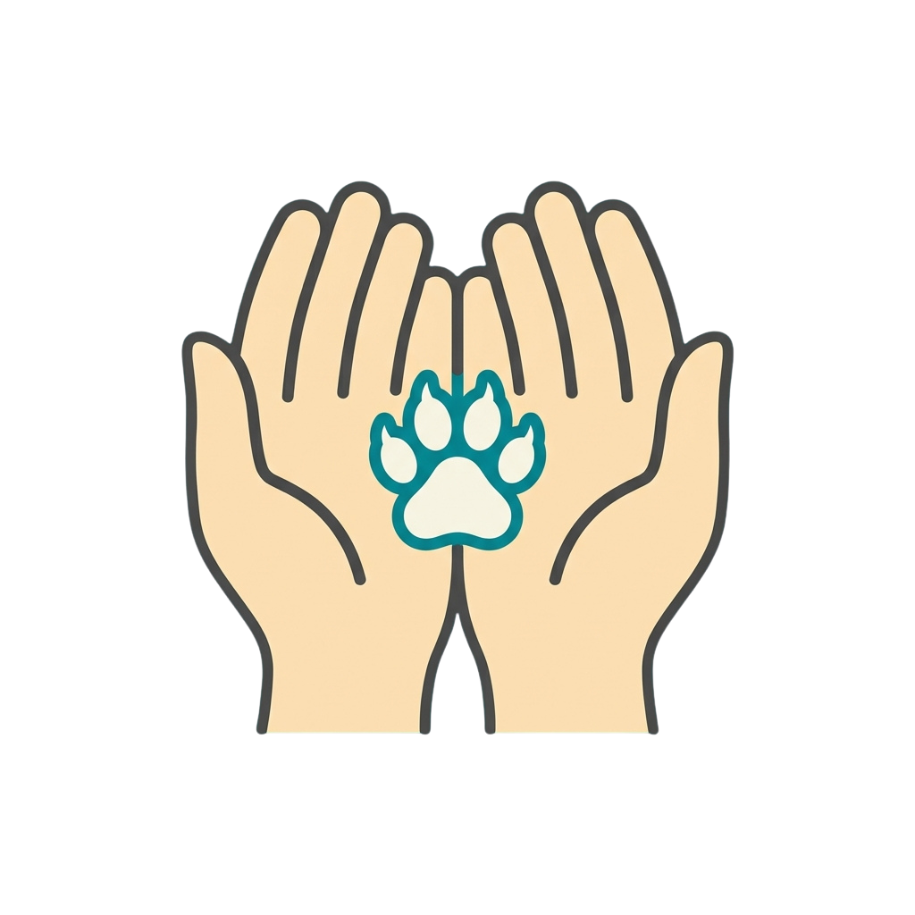 Two hands cupping a blue paw print symbol representing care and protection for animals