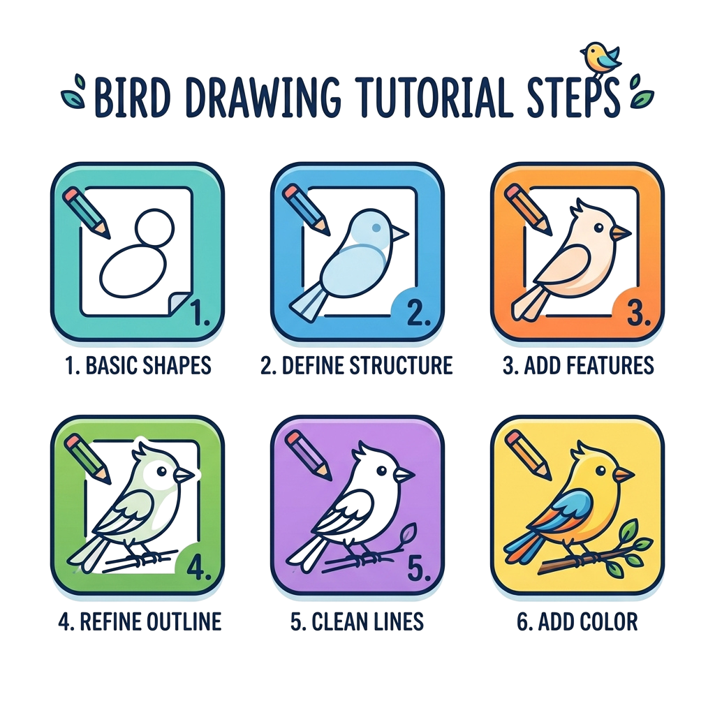 Illustrated tutorial showing six steps to draw a bird with pencil icons and numbered squares