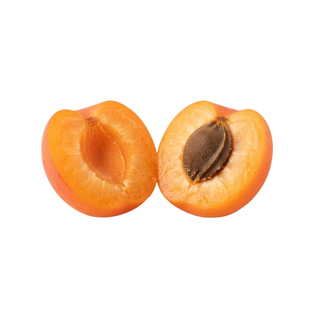 Two halves of an apricot revealing its pit and orange flesh against a black background