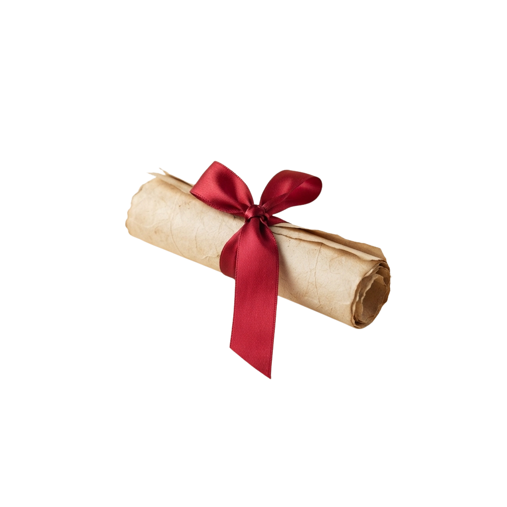 A rolled diploma or certificate tied with a red satin ribbon against a black background