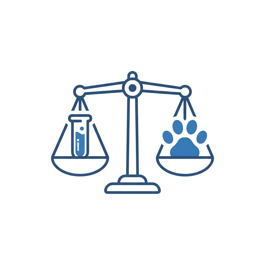 A blue justice scale icon with a dog paw print on one side and a flask on the other.