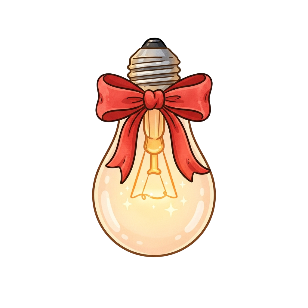 Illustration of a glowing lightbulb wrapped with a red decorative bow on top