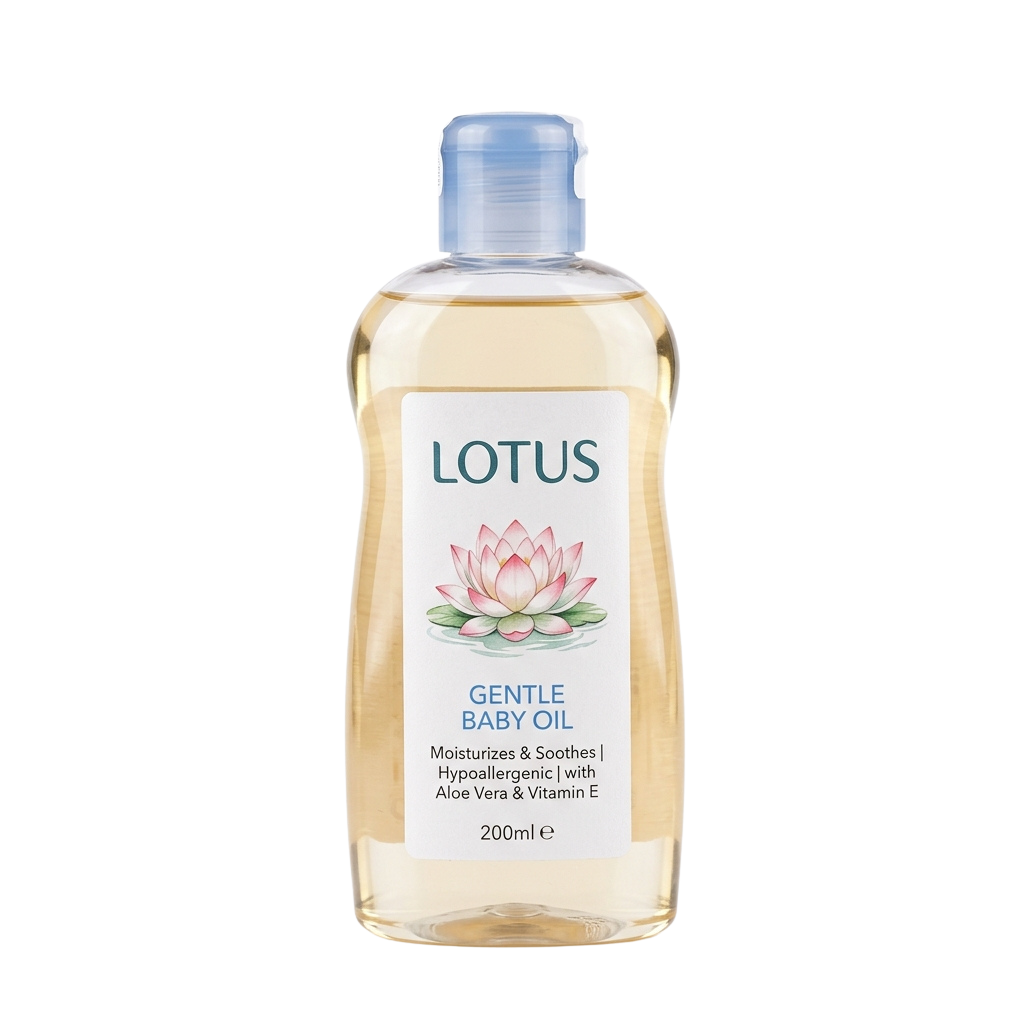 Bottle of clear baby oil labeled Lotus Gentle Baby Oil with a lotus flower design, 200ml volume