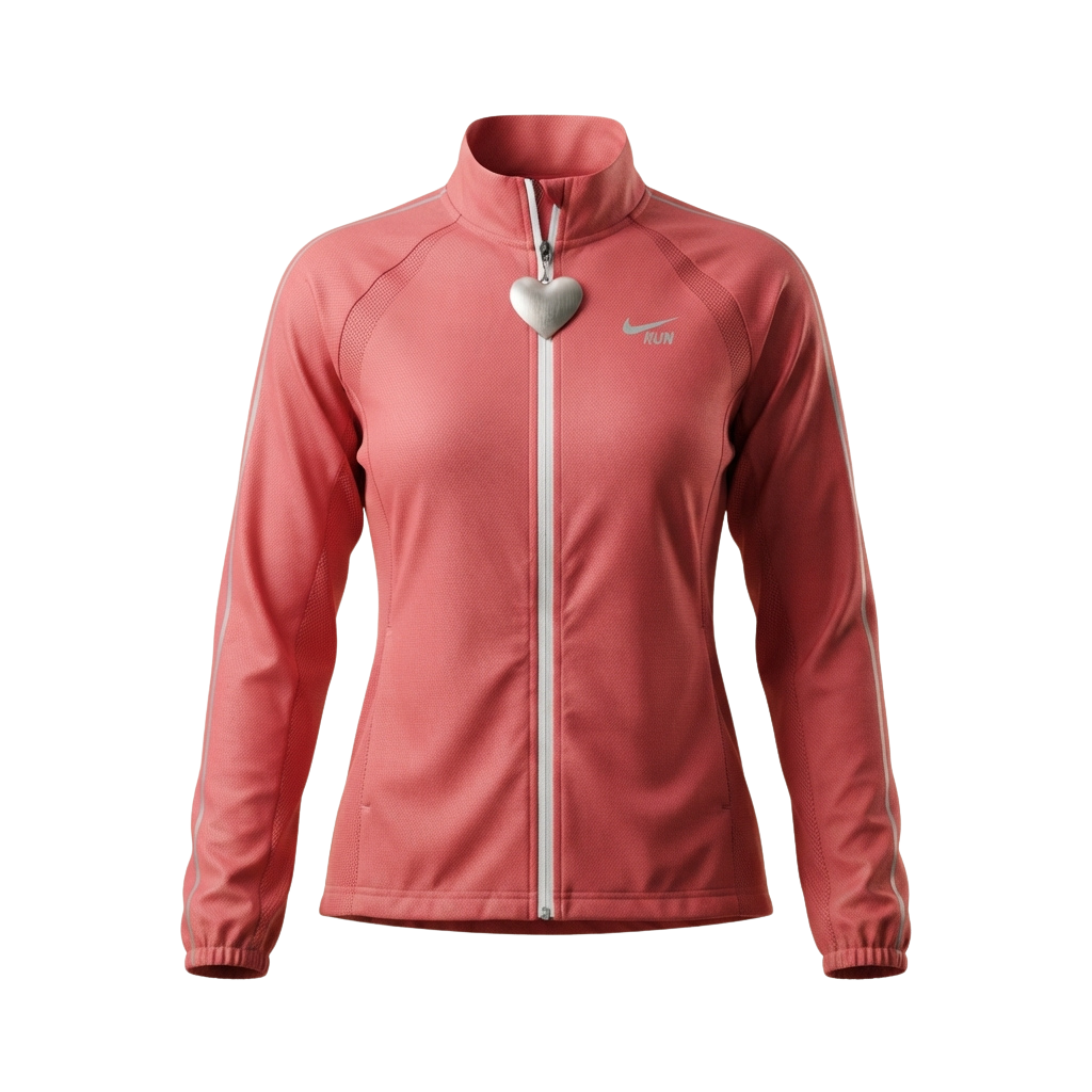 Pink running jacket with a heart-shaped emblem on the left chest and a white zipper running down the front