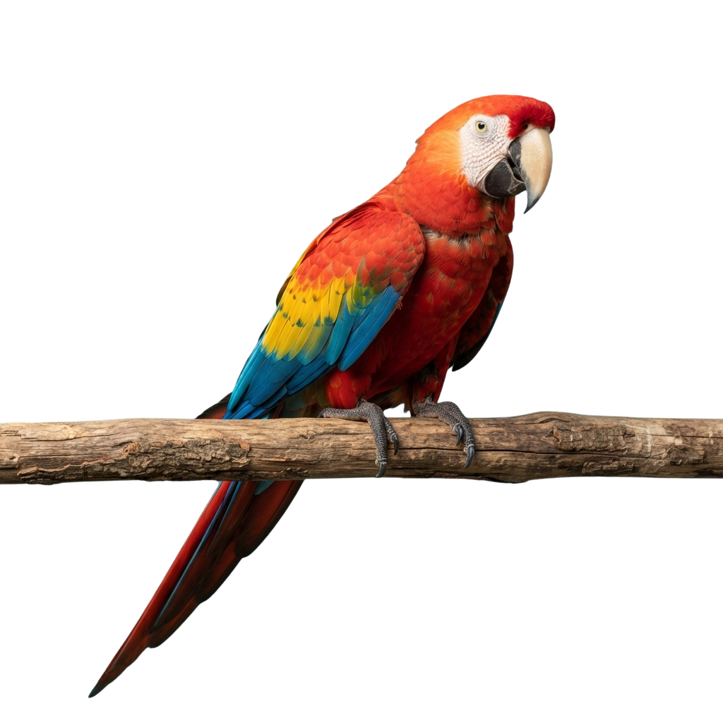 A colorful red and blue parrot with yellow underwings sitting on a wooden branch