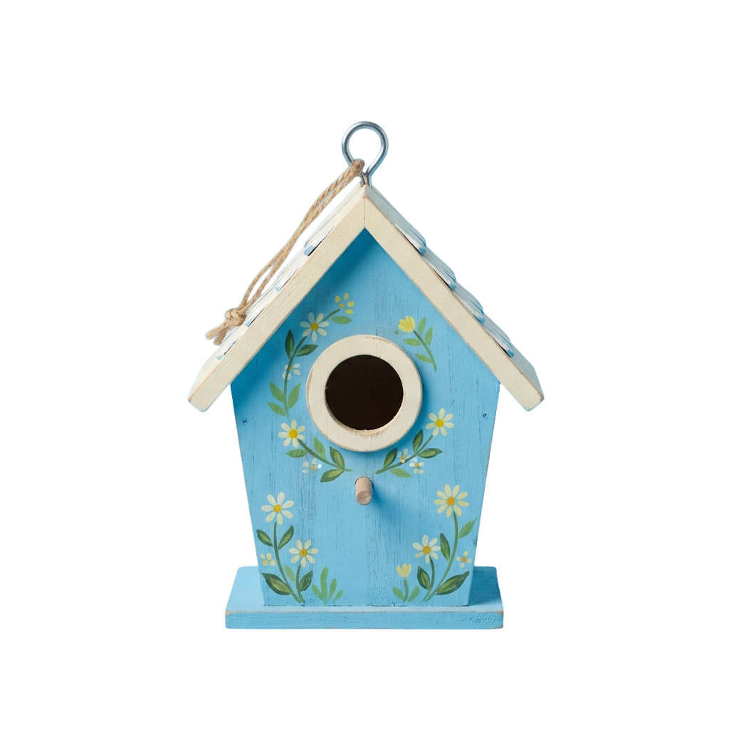 A charming blue wooden birdhouse with white floral patterns and a circular entrance hole, hanging from a rope.
