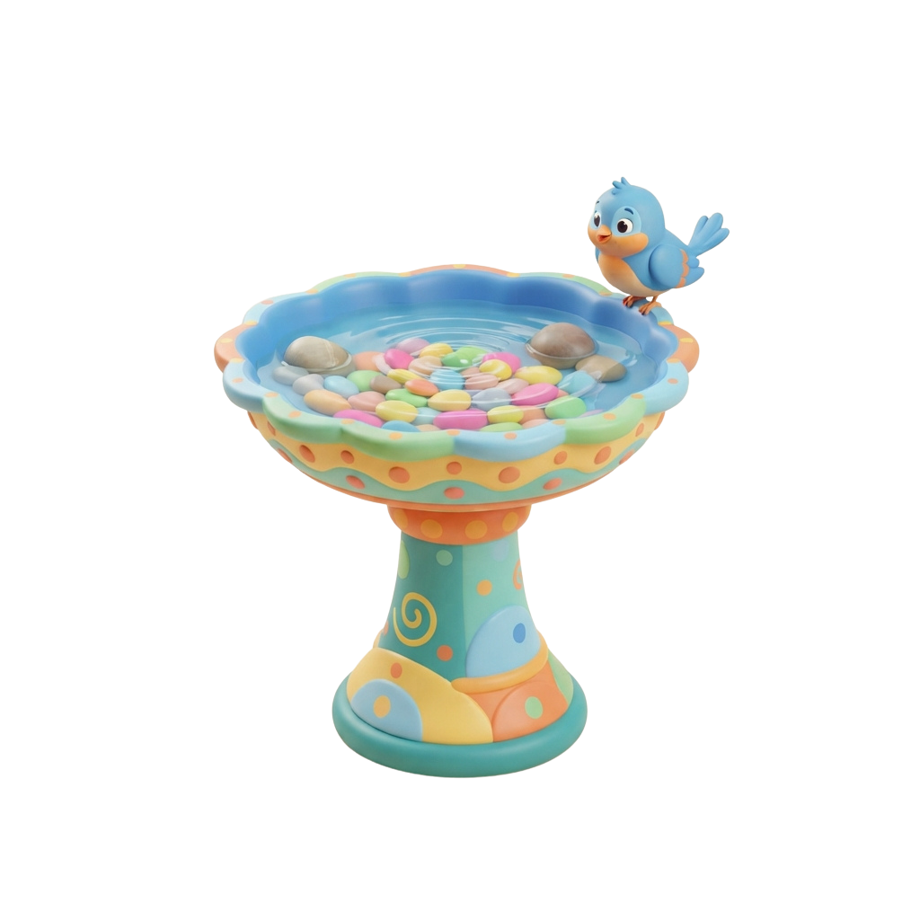 A blue bird perched on a decorative bird bath toy filled with colorful candies and pebbles