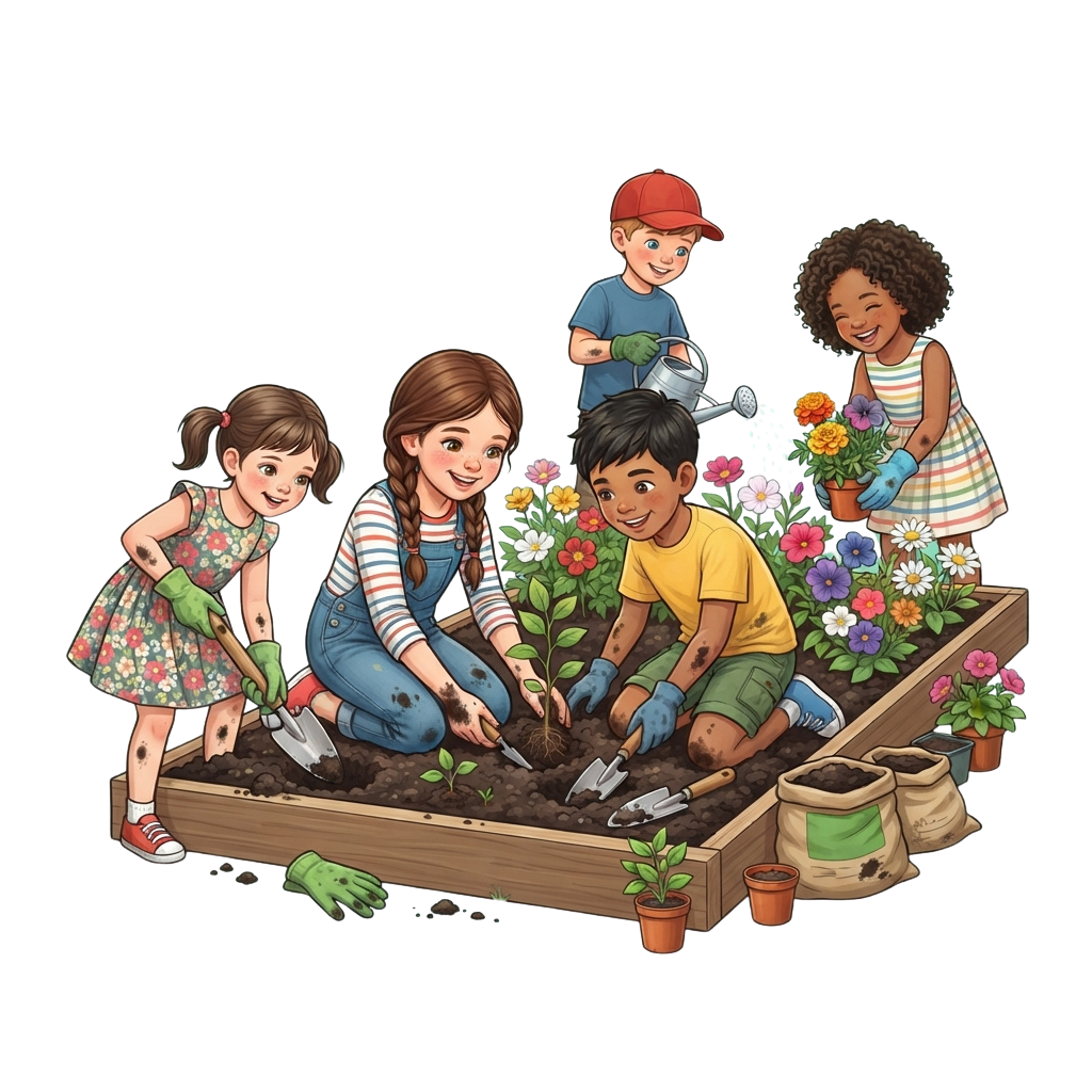 Five children and an adult happily gardening in a raised bed with plants and flowers