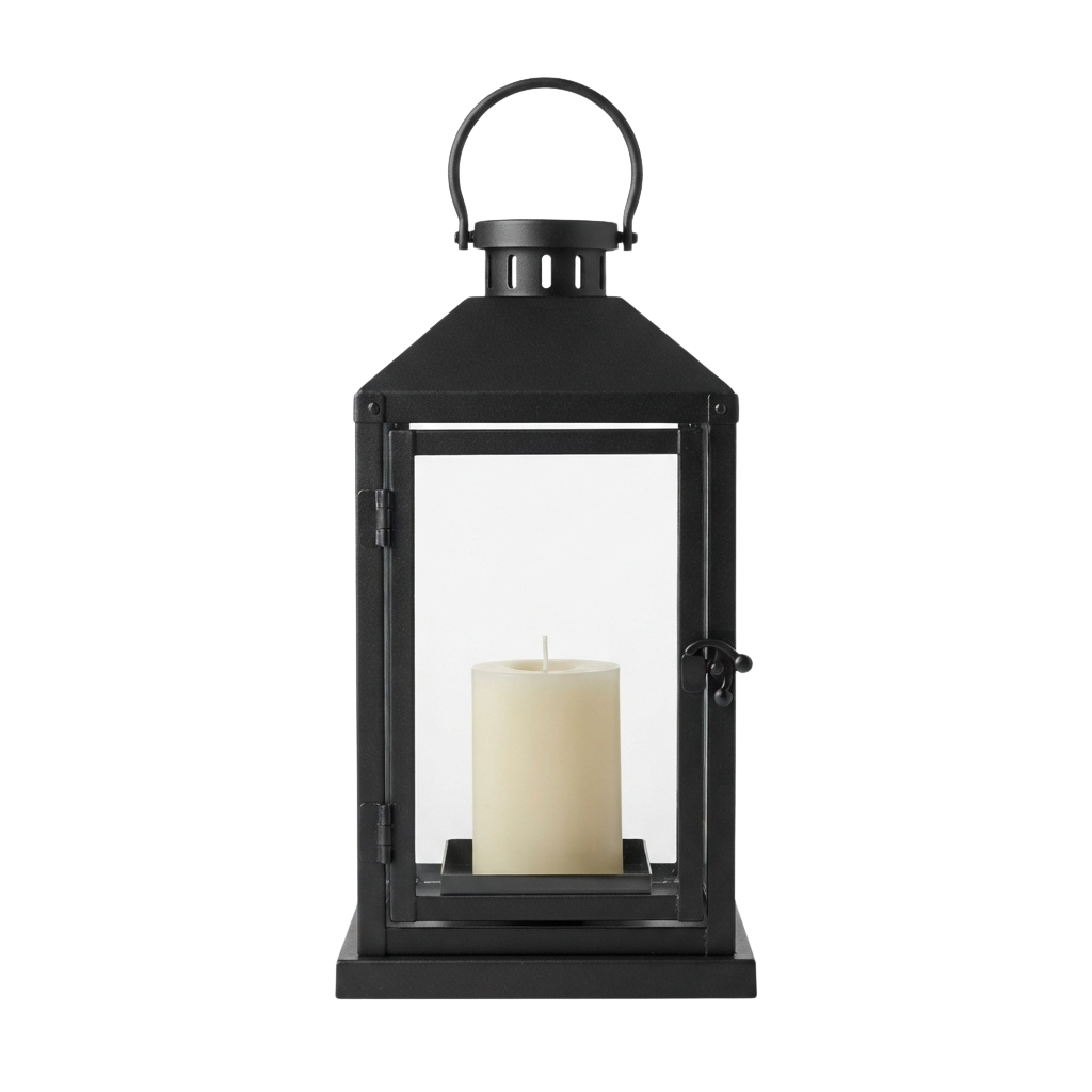 Black metal lantern with a clear glass panel and a white candle inside
