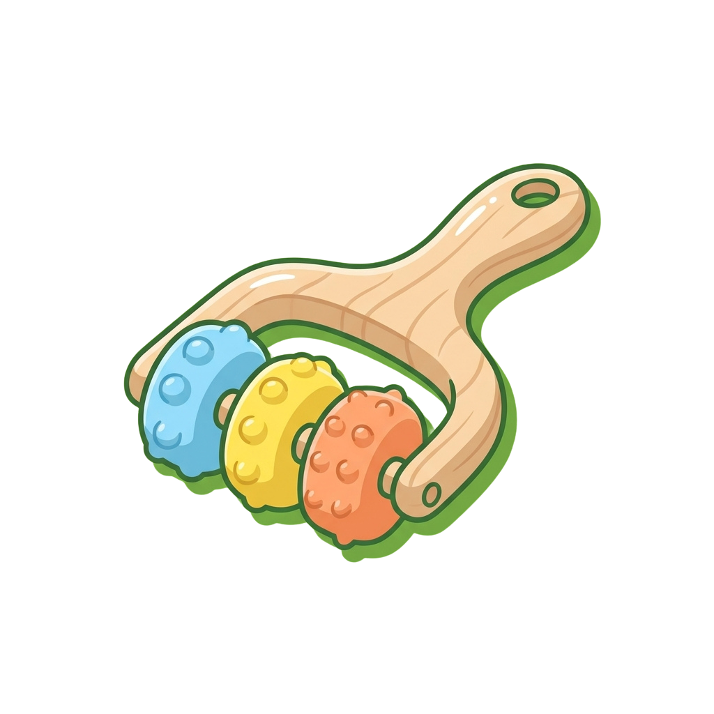 A wooden-handled massage tool with three rounded, textured nubs in blue, yellow, and orange colors.