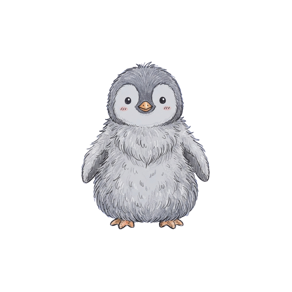 Illustration of a small gray penguin chick standing on two feet against a black background