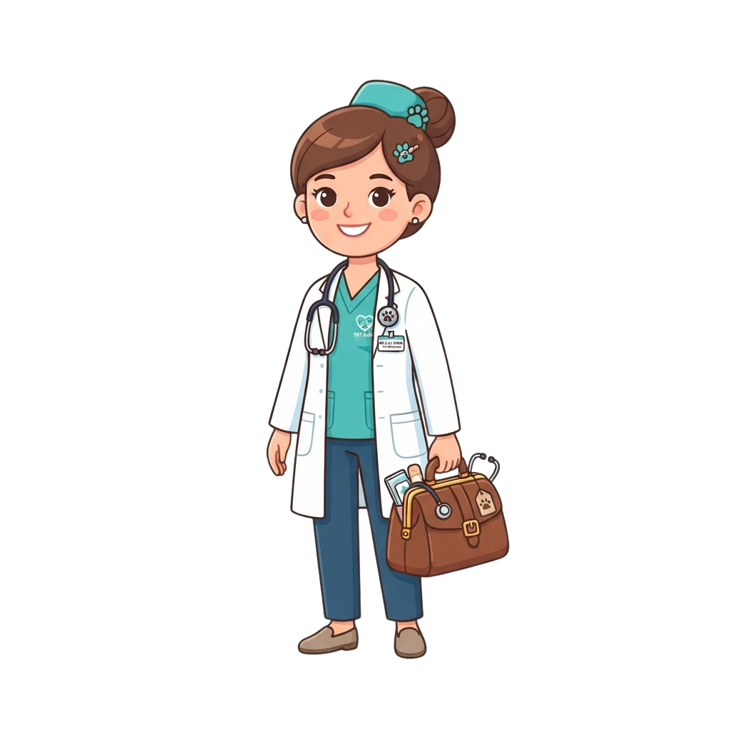 Smiling cartoon doctor in white coat holding a brown medical bag, standing confidently.