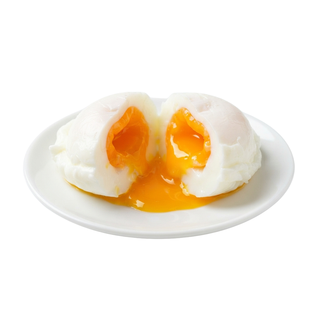 Two half-fried eggs with runny yolks placed on a fluffy white pancake.