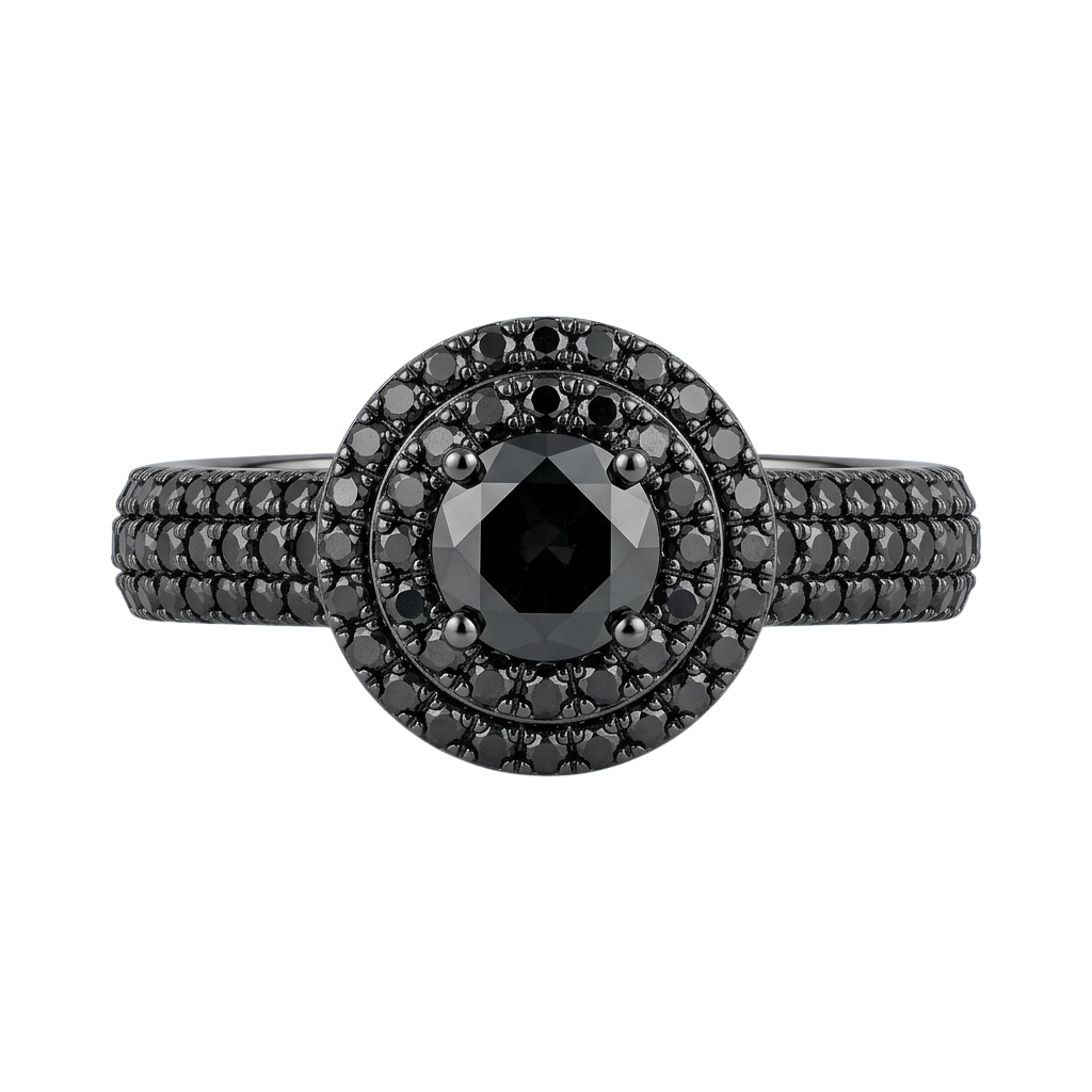 A black diamond ring with a pavé band featuring smaller black diamonds surrounding the center stone.