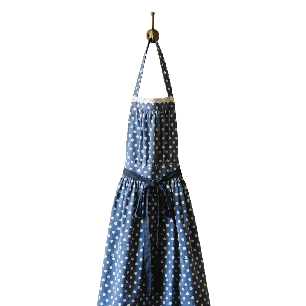 A blue apron with white polka dots hanging from a hook against a dark background
