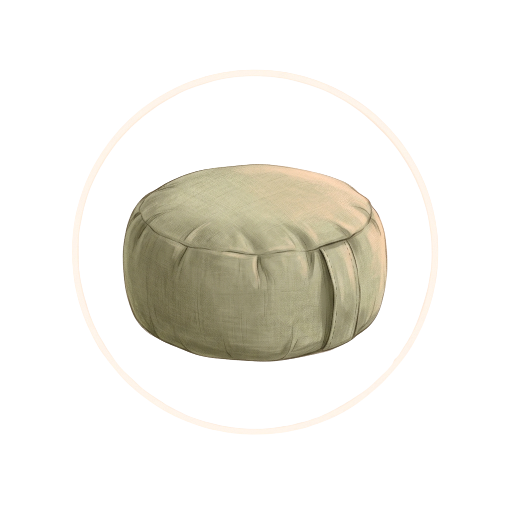 A round, light beige fabric cushion with a padded center, placed against a black background.
