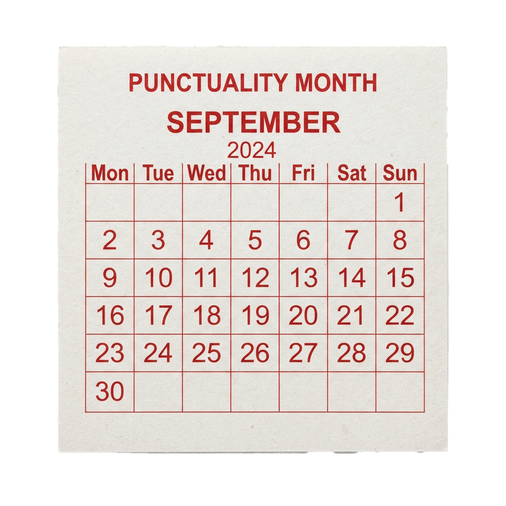 Calendar showing September 2024 with days of the week and dates, labeled Punctuality Month