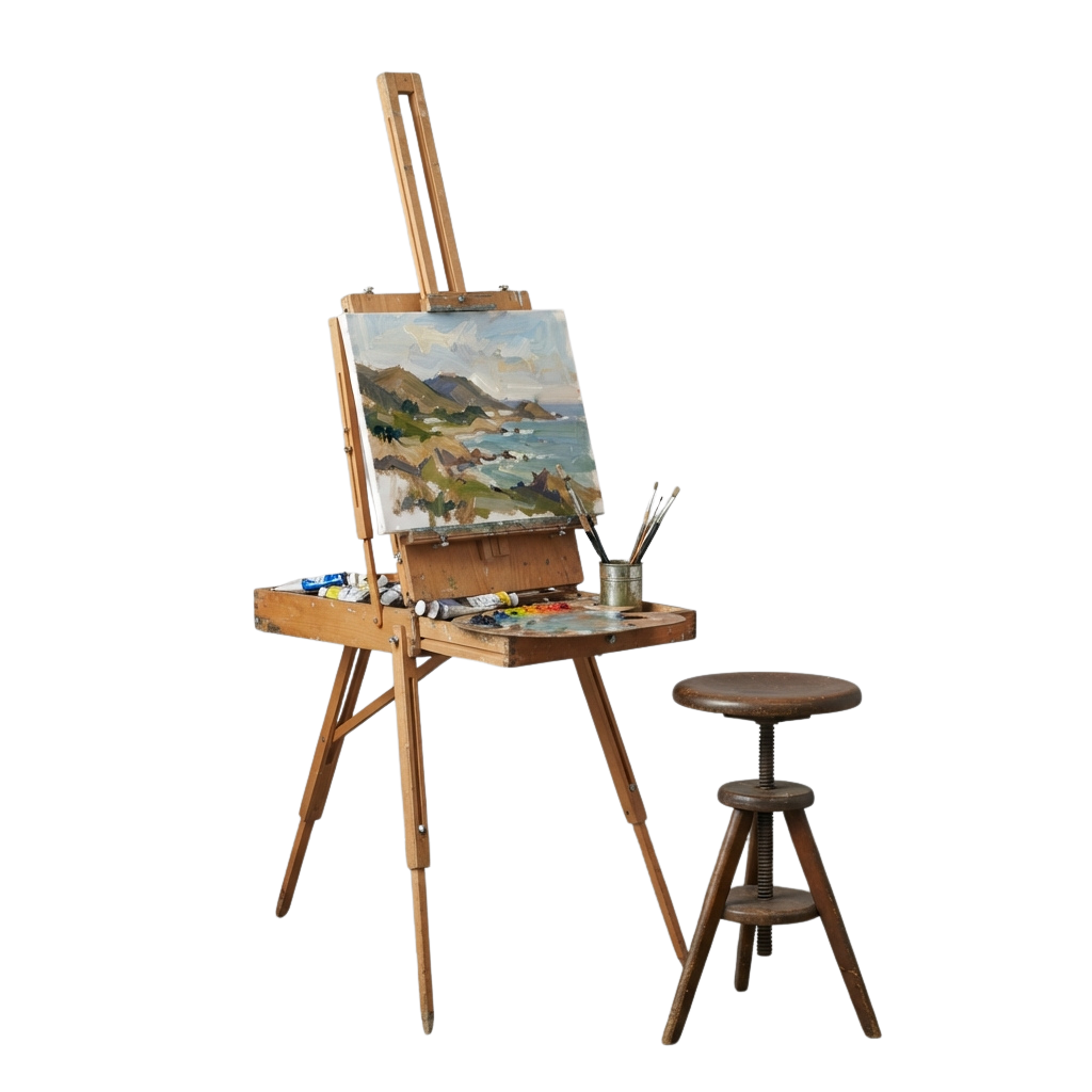 Wooden easel holding a painted landscape scene with brushes, palette, and stool nearby