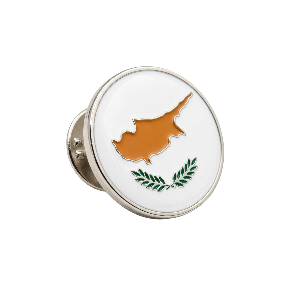 Round button pin featuring the Cypriot map in copper color on a white background with green laurel branches below