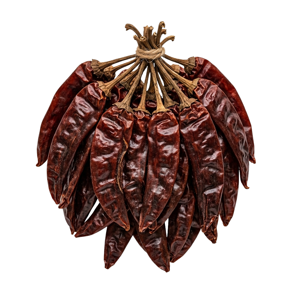 A bundle of dried red chili peppers tied together with twine