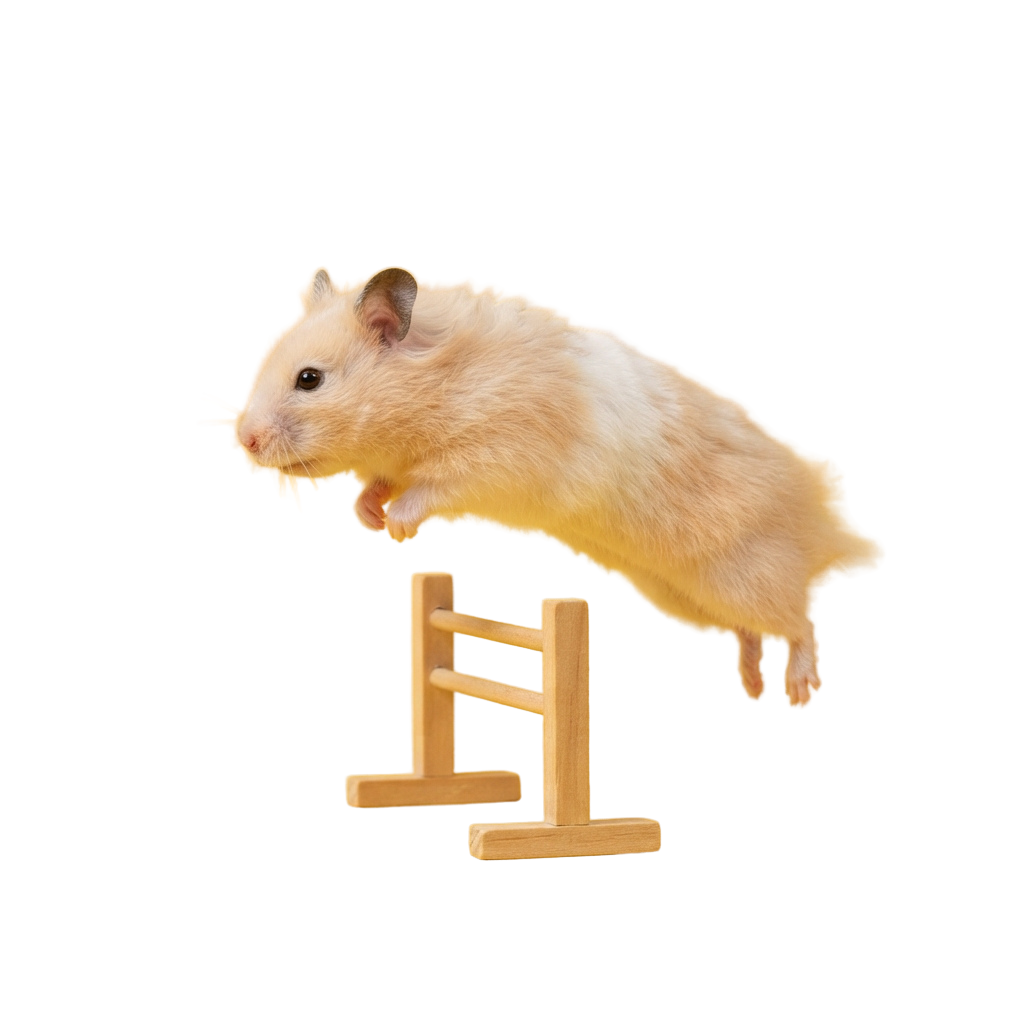 A hamster in mid-jump over a small wooden hurdle obstacle