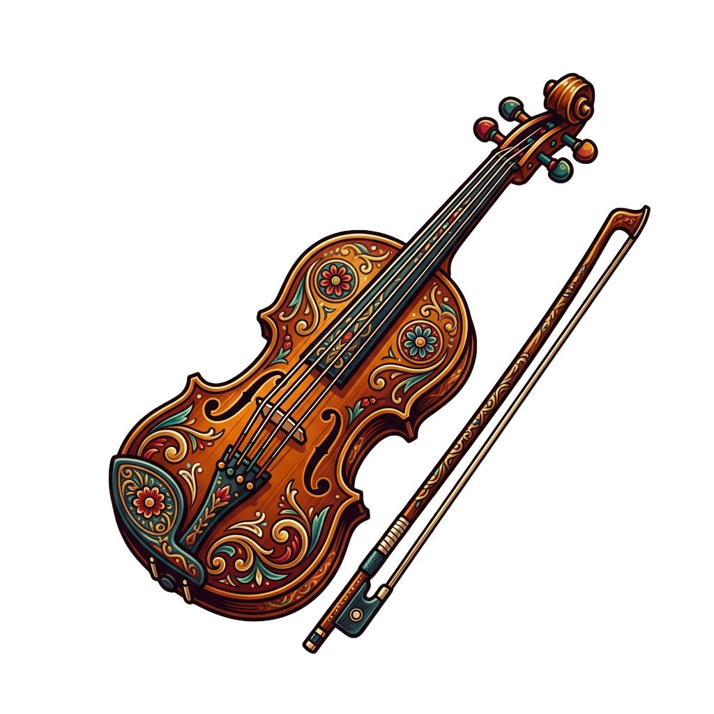 Illustration of a violin with intricate floral and paisley patterns in warm colors