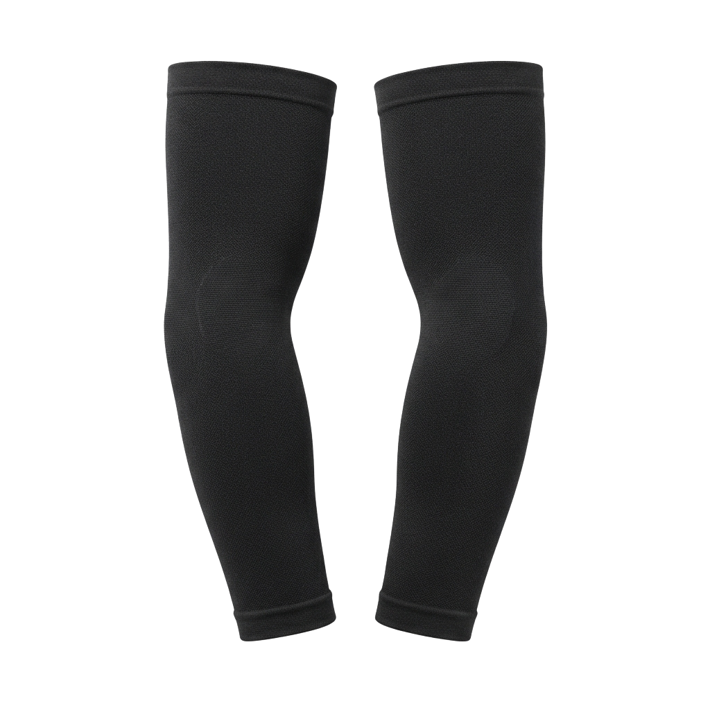 Pair of black full-length compression sleeves for arms shown against a dark background