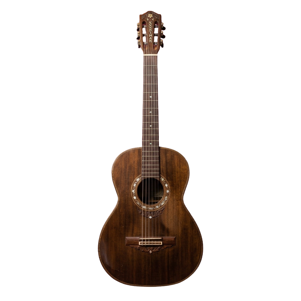 A dark brown acoustic guitar with a round sound hole and decorative headstock against a black background