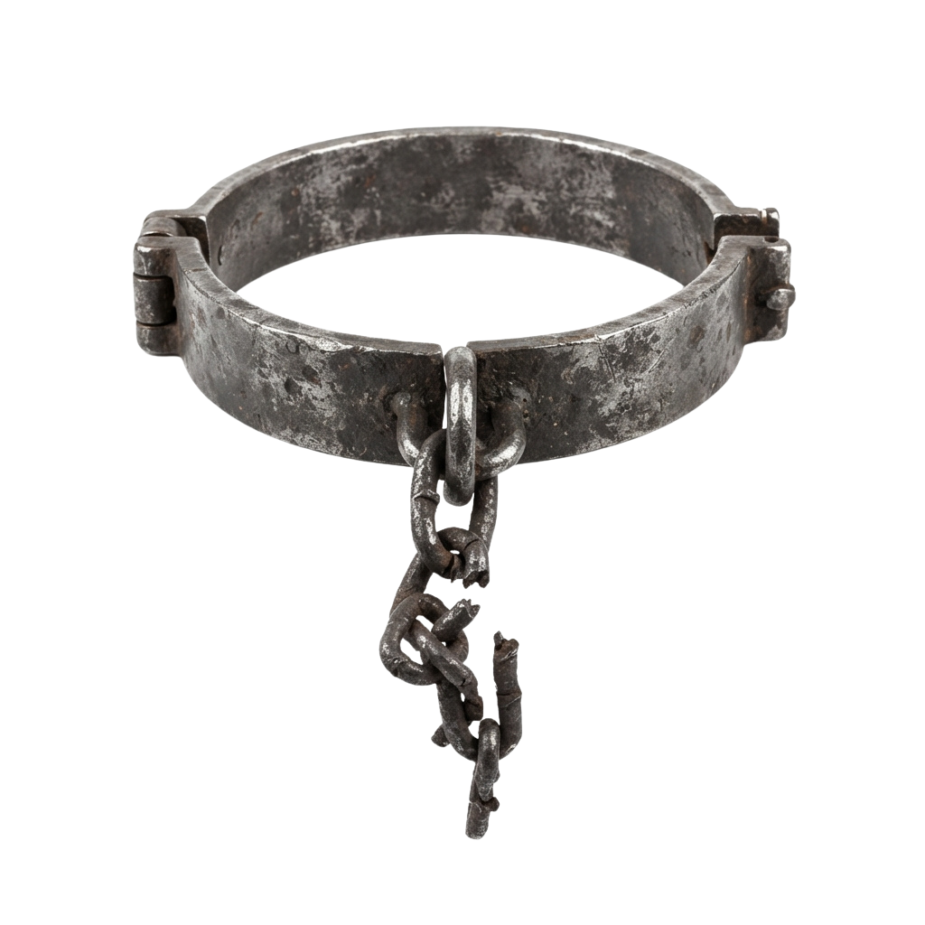 A rusted metal manacle attached to a chain and padlock, displayed against a black background