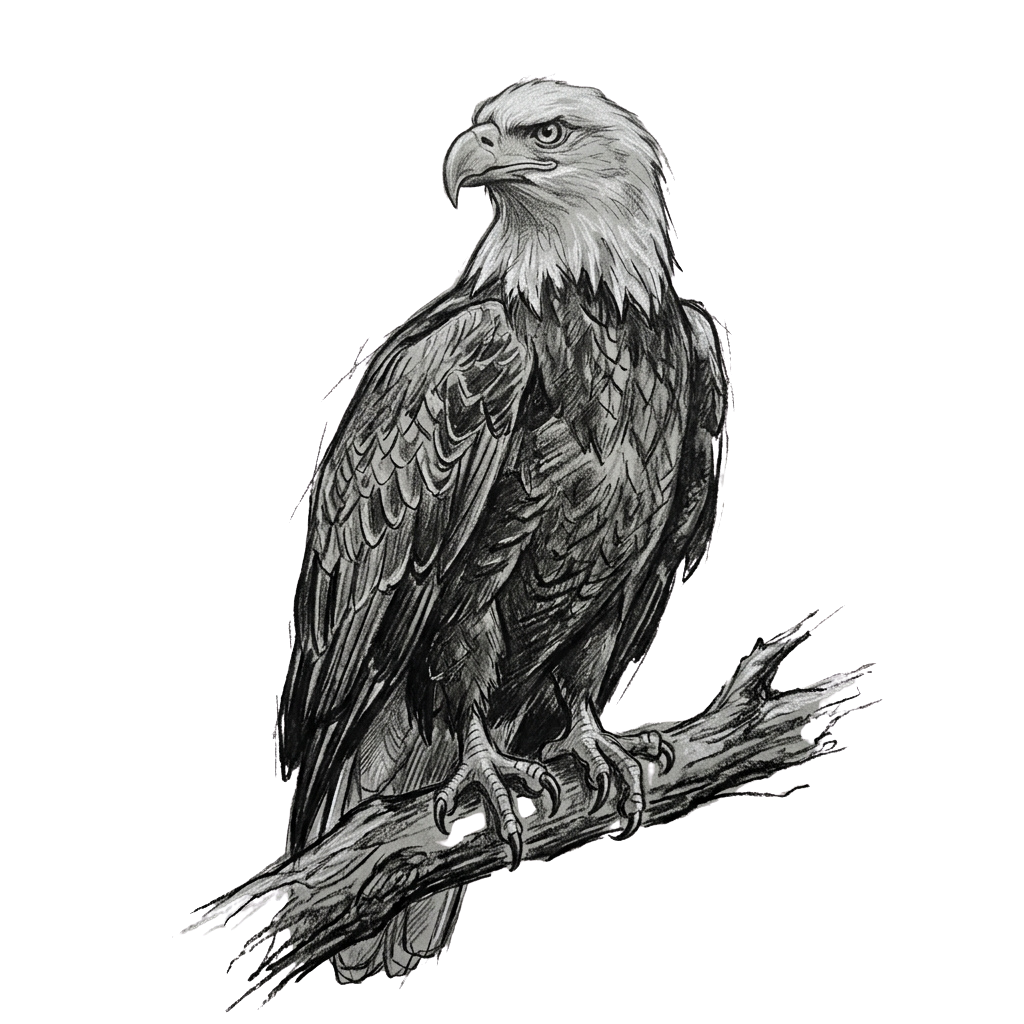 Black and white sketch of a bald eagle perched on a branch