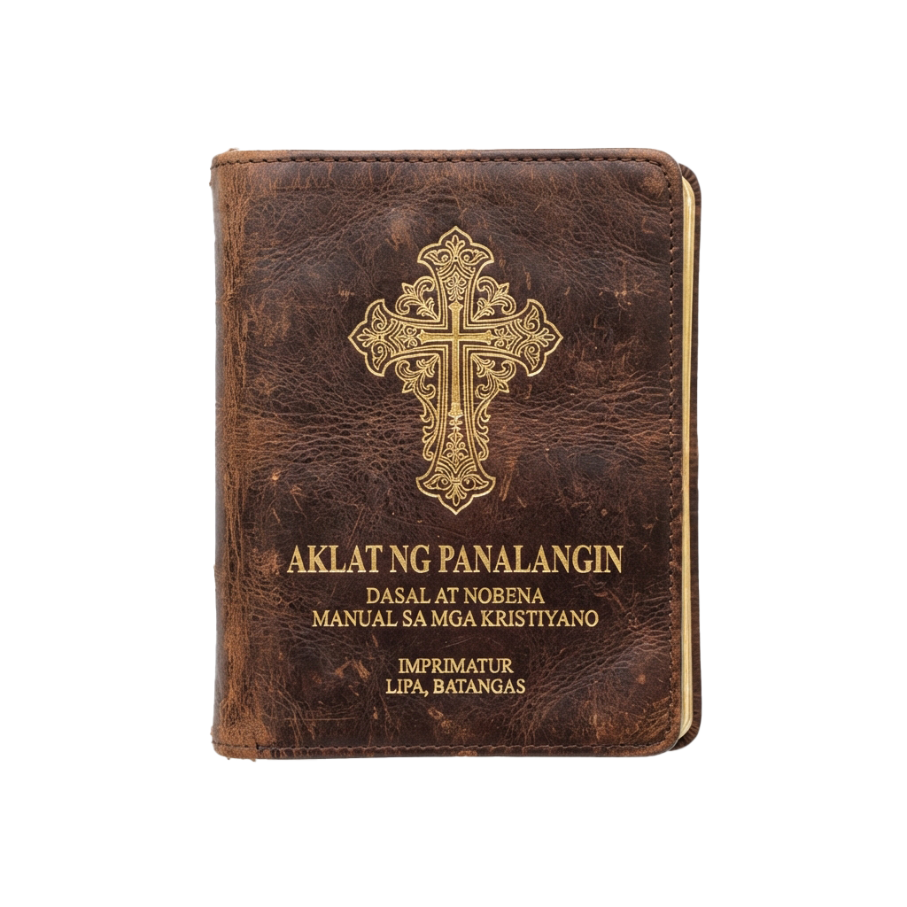 Brown leather-bound prayer book with a gold cross embossed on the cover and text in Filipino