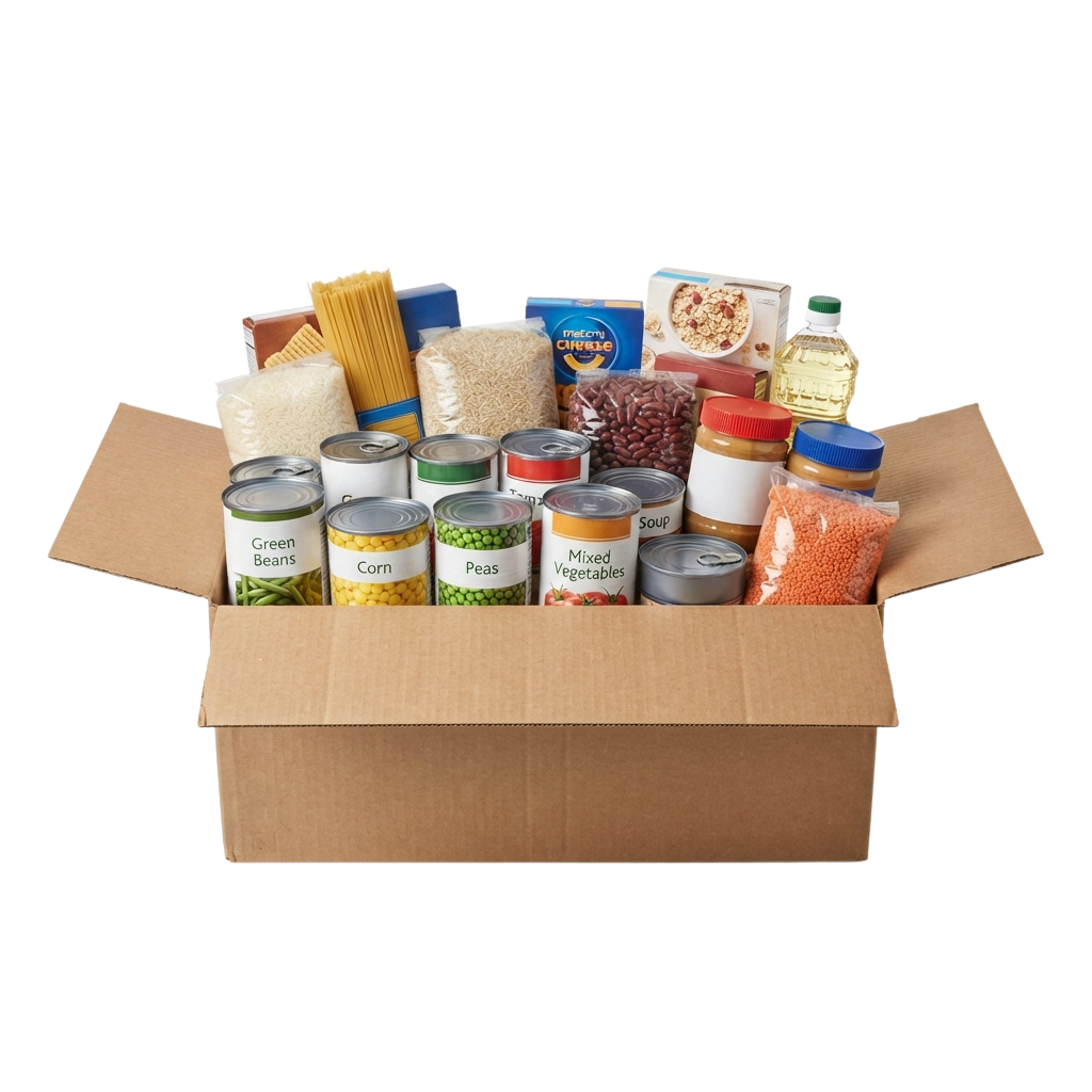 Box filled with various canned and dry food items including beans, corn, rice, pasta, and soup.