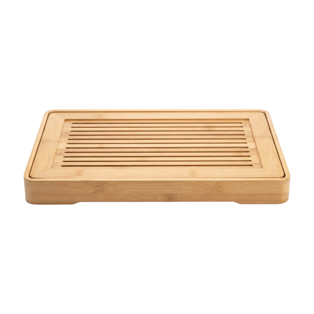 Light-colored bamboo kitchen steaming and baking rack with slatted design and non-slip feet