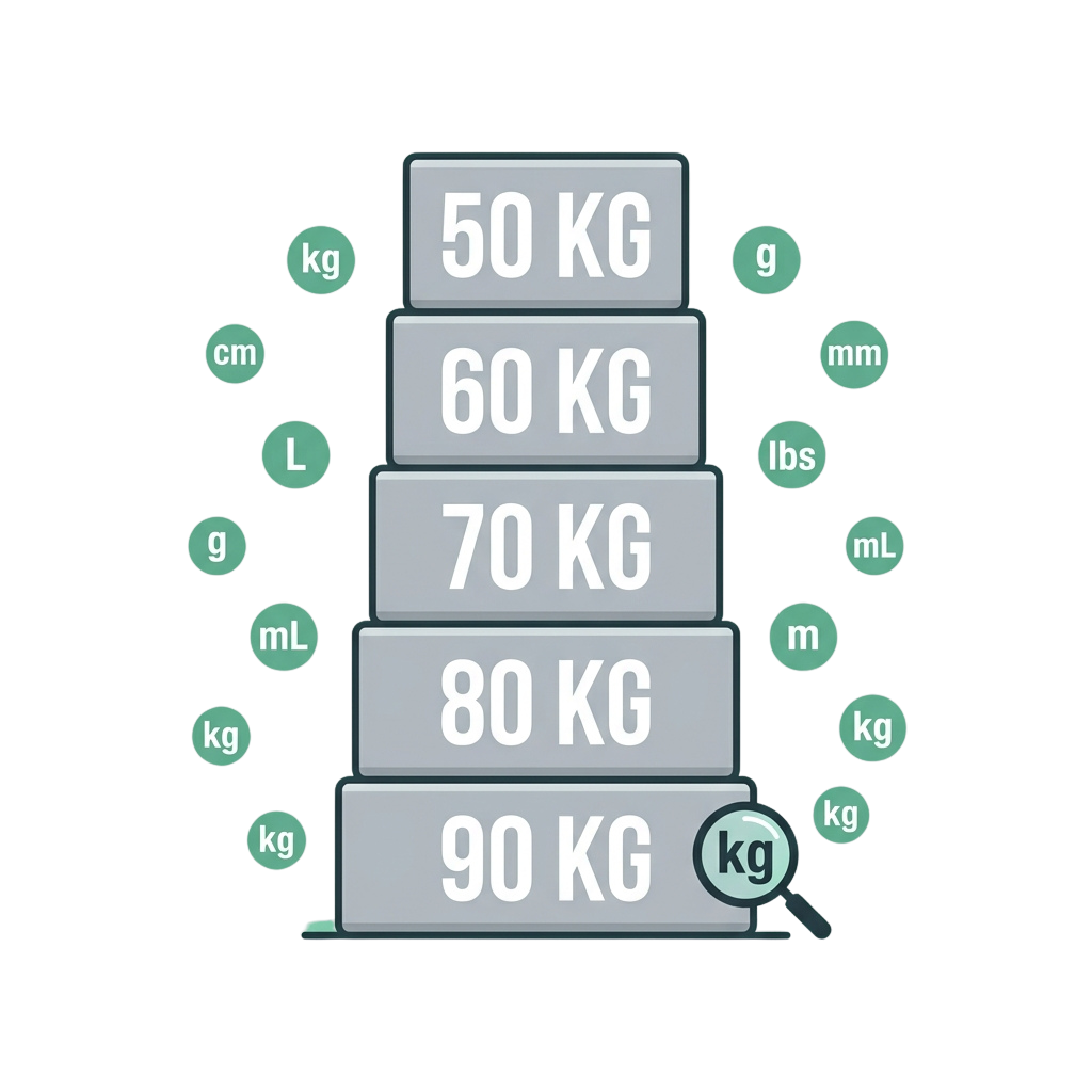 Stacked blocks showing weights from 50 kg to 90 kg with unit symbols around them